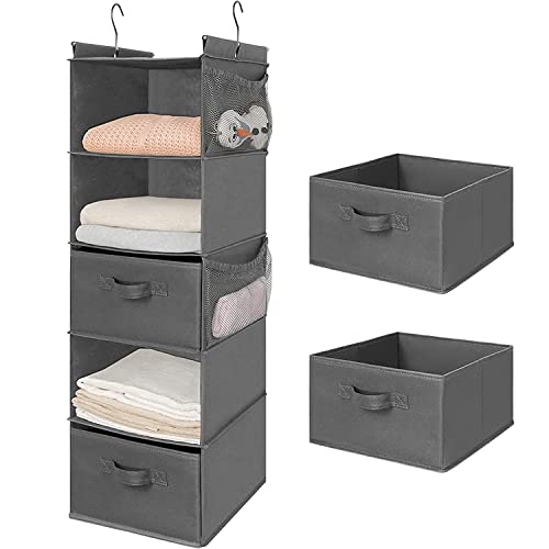 MAX Houser 5 Tier Shelf Hanging Closet Organizer, Cloth Hanging Shelf with 2 Sturdy Hooks for Storage, Foldable (Grey-D2) - color: Grey-d2