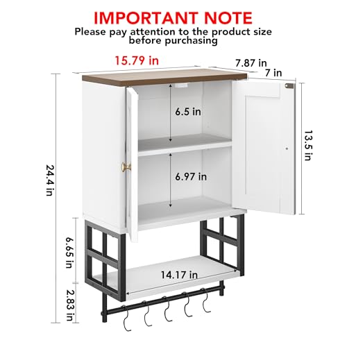 Farmhouse Medicine Cabinet - 3-Tier Wall Mounted Storage Organizer with Adjustable Shelves, Towel Bar, 5 Hooksfor Small Bathroom, Laundry Room, Over Toilet, Living Room, Bedroom (White) - color: White, size: 15.79 inches x 7.87 inches x 24.4 inches