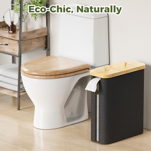 42L Toilet Paper Basket with Bamboo Lid, Toilet Paper Storage with Toilet Paper Holder & Non-Slip Mat for Bathroom Organizer, Holds up to 19 Regular Rolls or 14 Mega Rolls, Collapsible & Stackable - color: Black