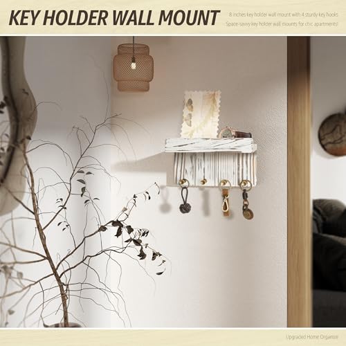 Rebee Vision Farmhouse Key Holder Wall Mount Combo - Small Key Holder for Wall with Floating Shelf & Mail Organizer Wall Mounted with 7 Hooks - Apartment Essentials (Whitewash)