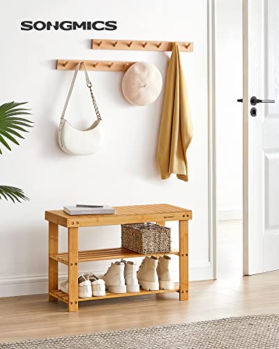 SONGMICS Shoe Rack Bench, 3-Tier Bamboo Shoe Storage Organizer, Entryway Bench, Holds Up to 286 lb, 11.3 x 27.6 x 17.8 Inches, for Entryway Bathroom Bedroom, Natural ULBS04N - color: Natural, size: 27.6"W