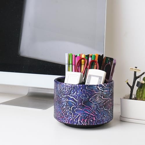 Round Leather Art Supply Organizer,Remote Control Holder,360 Degree Spinning,Multi-Functional Pencil Holder,4 Compartments Desktop Stationary Organizer(1-Rich Flower Purple) - color: 1-Rich Flower Purple