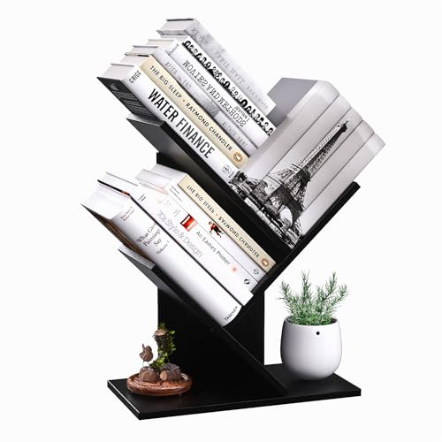 R RUISHENG 3 Tier Small Tree Bookshelf Storage Organizer Shelves Floor Standing Bookcase Desk Wood Storage Rack for Home Office Living Room Bedroom Display for Book Magazine CD Manga Black - color: Black