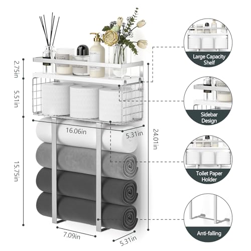 Towel Racks for Bathroom, Bathroom Shelf Over Toilet,Floating Shelves with Towel Rack Paper Holder Storage Basket,Floating Shelves for Wall Decor,Silver - color: Silver, size: Large