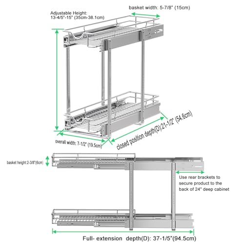 DINDON Pull Out Cabinet Organizer (7-1/2" W x 21-1/2"D), Cabinet Pull Out Shelves, 2 Tier Pull Out Drawers for Kitchen Cabinets, Wire Basket Slide Out Shelf for Cabinet Organization - size: 7-1/2"W X 21-1/2"D