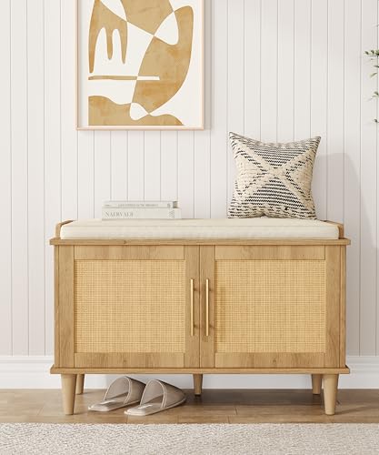 Akxomel Rattan Shoe Storage Bench with Cushion, 2-Tier Entryway Bench with Adjustable Shelves and 2 Doors, 15" D x 31.5" W x 20" H, Solid Wood Legs, for Hallway, Living Room, Bedroom, Natural Oak - size: 15"D x 31.5"W x 20"H