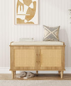 Akxomel Rattan Shoe Storage Bench with Cushion, 2-Tier Entryway Bench with Adjustable Shelves and 2 Doors, 15" D x 31.5" W x 20" H, Solid Wood Legs, for Hallway, Living Room, Bedroom, Natural Oak - size: 15"D x 31.5"W x 20"H