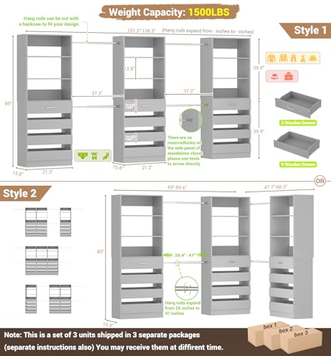Aheaplus Closet System with 12 Drawers, 8.5-11.5Ft Wood Closet Organizer System with 4 Hanging Rods & 3 Towers, 4Ft & 6Ft L-Shaped Walk-in Closets Wardrobe Organizer Clothes Rack, Set of 3, Grey1 - color: Grey