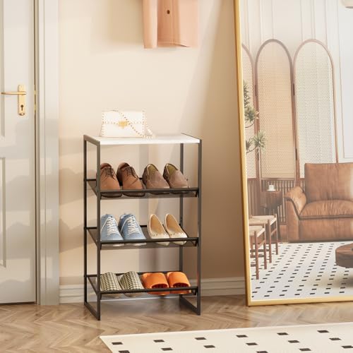 Garden 4 you Shoe Rack for Closet Narrow 4 Tiers, Small Shoe Rack with White Wooden Tabletop, Adjustable Metal Shoe Shelf for Closet Entryway Hallway Living Room - color: White, size: 4-Tier