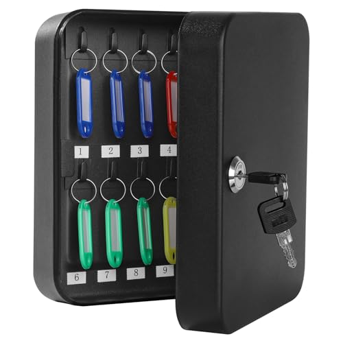 KYODOLED Key Cabinet Wall Mount, Locking Key Box Organizer, Key Lock Box with Key, Key Holder Lock Box for Wall, 20 Key Hooks & Tags Key Lab,7.8"x6.3"x3.14" Black - color: Black With Key Lock