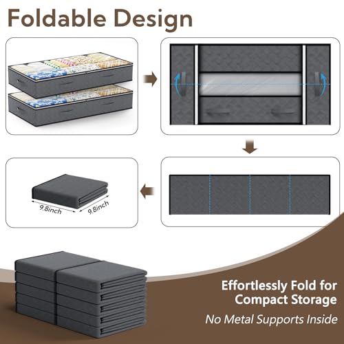 10 Pack Under Bed Storage Containers 90L Underbed Closet Organizer System Collapsible Storage Bins with Clear Window and Reinforced Handles for Bedding Pillows Blanket Towels Clothes Wardrobe Bedroom