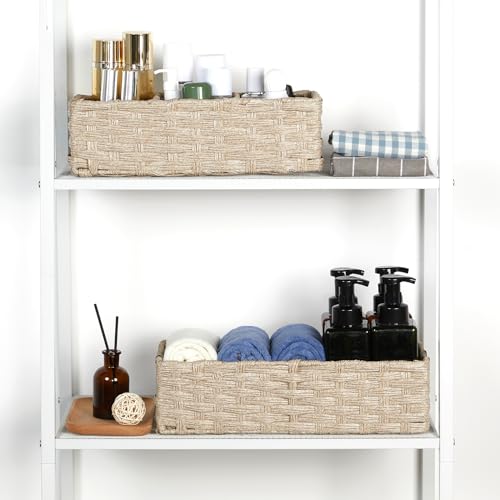 Bidtakay Long Narrow Wicker Baskets Toilet Paper Basket for Shelves 2-Pack Waterproof Imitation Small Wicker Storage Bins for Washroom Closet Boho Decor Baskets for Organizing Grayish Beige - color: Grayish-beige