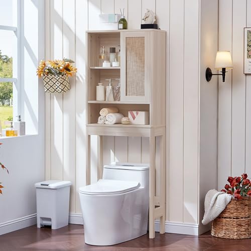 LEYAOYAO Rattan Over The Toilet Storage Cabinet, Farmhouse Over Toilet Bathroom Organizer with Sliding Door, 68" Tall Freestanding Washer Shelf with Adjustable Shelf & Curved Profile, Grey White - color: Grey White, size: 10"D×23.3"W×68"H