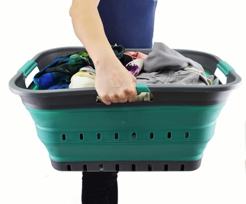 SAMMART 42L (11 gallon) Collapsible Plastic Laundry Basket - Foldable Pop Up Storage Container/Organizer - Space Saving Hamper/Basket (1, Grey/Turquoise Blue) - color: Grey/Turquoise Blue
