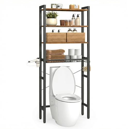 VASAGLE Over the Toilet Storage, Over Toilet Bathroom Organizer with Adjustable Shelves and Basket, 3 Hooks, Space Saving, 9.4 x 23.6 x 68.1 Inches, Rustic Brown UBTS114KD01S - color: Rustic Brown, style: 4 Tiers (68.1" H)