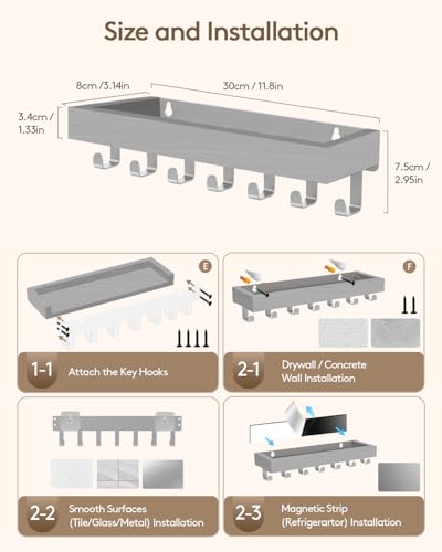 Key Holder Wall Mount Adhesive Magnetic - Hanging Key Hooks with Mail Organizer Tray for Wallet House Accessories - Keys Rack with Shelf for Camper Entryway Door Home Living Room Decor Grey Large - color: Gray, size: Large