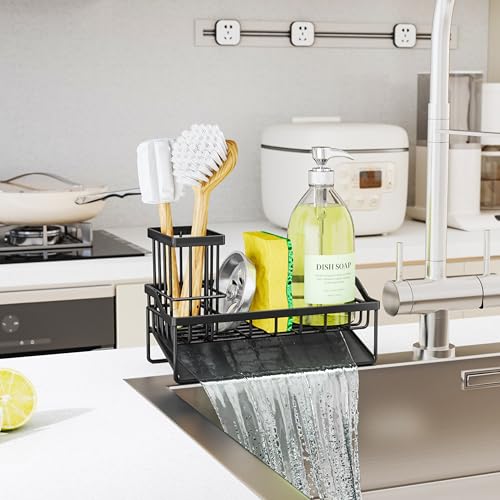 SWTYMIKI Sink Caddy Sponge Holder - Kitchen Sink Organizer with Stainless Steel Self Drain Tray & High Brush Holder for Countertop to Hold Dish Soaps and Sponges, Stainless Steel, Black - color: Black-Slope Drain, size: Medium