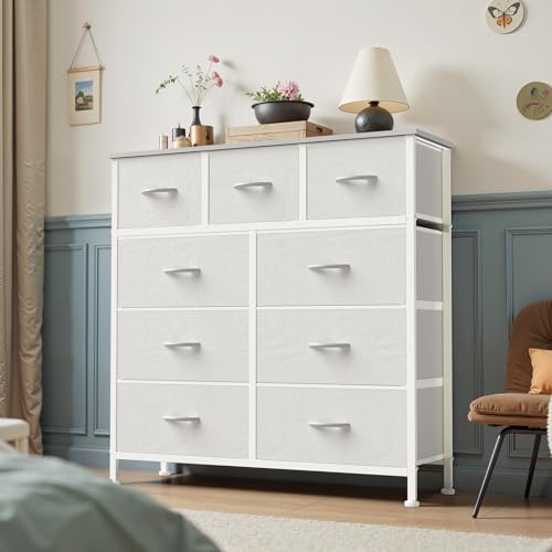 OLIXIS 9 Drawer Storage Dresser with Wood Top - Wide Fabric Chest Organizer for Bedroom, Closet, Living Room,Tower Cabinet, TV Stand, Hallway Entryway Furniture,Bright White - color: White, size: 11.8"D x 39.6"W x 39.4"H (9 Drawers)