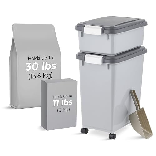 IRIS USA Dog Food Storage Container, 30 lbs & 11 lbs Combo, Cat Food Storage Container, Dog Treat Container, Airtight, Stackable, 2-Cup Scoop, Wheels, Easy Mobility, Gray - color: Gray/Dark Gray