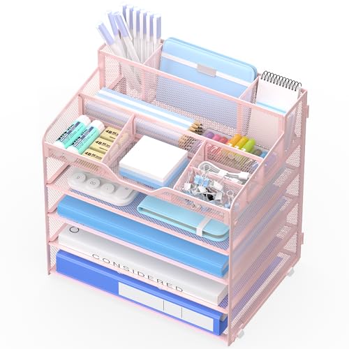 5 Tier Mesh Desk Organizer,Multi Functional Letter Paper Tray with 3 Pen Holders and 5 Adjustable Storage Compartments for Office Supplies Files and Mail Space Saving Desktop Organizer-Pink - color: 5 Tier-pink