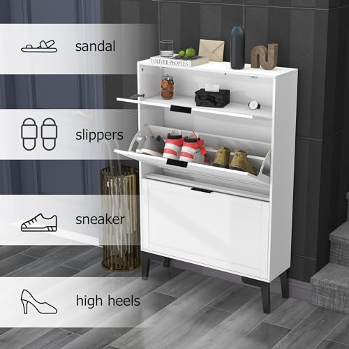 TaoHFE Wooden White Hidden Shoe Cabinet Entryway Shoe Storage Cabinet Narrow Shoe Cabinet Free Standing Shoe Rack Organizer for Closet Shoe Drawer Storage 3 Tier Rack for Front Door Entrance - color: White