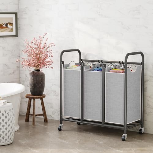 Whitmor 3-Bag Laundry Sorter, Laundry Hamper Cart with Heavy Duty Rolling Lockable Wheels and Removable Bags, Laundry Organizer Basket Clothes Separator Hamper, Grey, Large, KJ3009 - size: 3 Section B，Grey