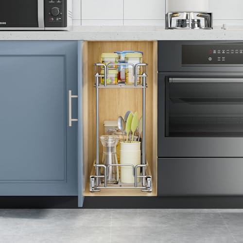 ROOMTEC Pull Out Spice Rack for Narrow Cabinet (5½" W X 21" D),2 Tier Slide Out Cabinet Organizer and Pull Out Shelves Under Cabinet Storage for Kitchen, Chrome - size: 5½" W x 21" D, 2 Tier