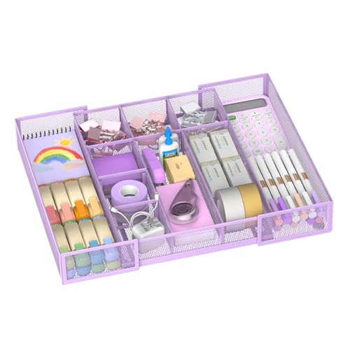 Expandable Desk Drawer Organizer Tray with 10 Adjustable Compartments, Metal Mesh Office Drawer Organizer, Versatile Desk Organizer for Home, School Supplies, Makeup Vanity & Jewelry (Purple) - color: Purple