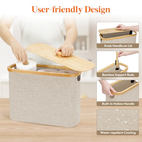 Lifewit Toilet Paper Storage Holder for 9 to 12 Rolls, Free Standing Toilet Paper Basket Stand with Bamboo Lid, Collapsible Fabric Bathroom Organizer Box for Mega Rolls, 23L, Large, White, Beige - color: Beige, size: 23L