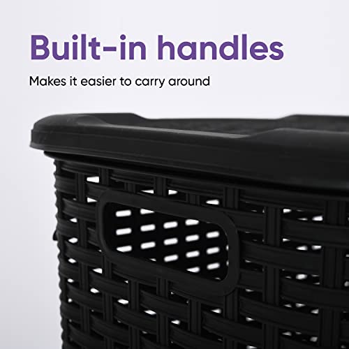 Plastic Laundry Hamper with Lid Laundry Hamper Basket, Black Tall Cloths Hamper Organizer with Cut-out Handles. Space Saving for Laundry Room Bedroom Bathroom, Wicker Design 60 Liter - color: Black, size: 1-pack
