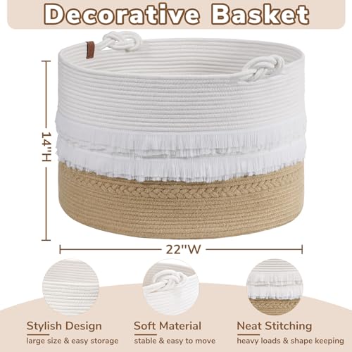 CherryNow Large Wicker Laundry Basket for Entryway, Bedroom, Jute Decorative Baskets for Clothes, Toys, Towel Basket for Bathrooom, 22 x 14 inches, 83L - color: White & Camel, size: 83L (22"W x 14"H)
