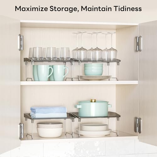 STARLATTA 2 Pcs Cabinet Organizer Shelf，Stackable Kitchen Counter Shelves, Spice Rack,Countertop Organizers，Black Plastic Storage Shelves Rack for Makeup，Bathroom, Cupboard，Desk，Pantry Organization - color: black, size: 2 pack