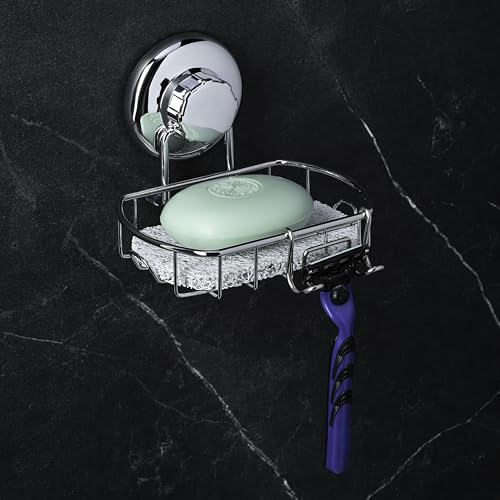 HASKO Suction Cup Soap Dish for Shower Wall, Rustproof Stainless Steel Shower Soap Holder for Bathroom with Hooks and Soap Saver, Includes Optional No Drill Adhesive Mount, Silver - color: Silver