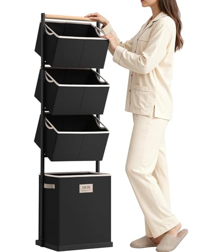 SOLEDI 4 Section Laundry Hamper Sorter, Stackable Laundry Basket Organizer with Removable Basket, 125L 4-Tier Vertical Laundry Sorter for Small Space, Laundry Room, Dorm, Bathroom, Wardrobe Black - color: Black