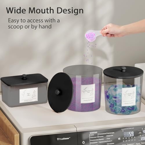COAZEX 3 Pack Laundry Powder Container & Dryer Sheet Holder, Plastic Laundry Room Organization and Storage Jars with Lids, Labels & Scoops for Powder, Detergent, Scent Booster (Black) - color: C-Black(Black Lid)