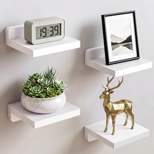 Fixwal Small Shelf for Wall, Rustic Wood Floating Wall Mounted Shelves for Bedroom, Living Room, Kitchen, Bathroom Decor, Set of 4, 5 x 5 Inches (White) - color: White