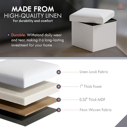 Ornavo Home Small Storage Ottoman Foldable Collapsible Cube Square Linen Ottoman Foot Rest Stool Seat, for Living Room, Bedroom, Home Office, Dorm - 12 x 12 x 12, White - color: White