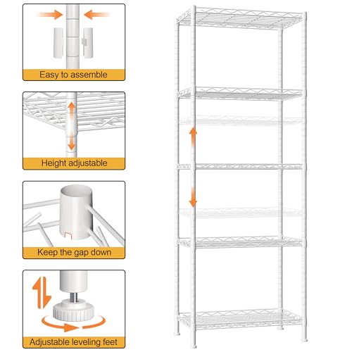 HOMEFORT 5-Shelving Unit, Adjustable Wire Shelving, Metal Wire Shelf Rack Organizer for Kitchen, Pantry, Closet, Bathroom, Laundry, White,21" W x 11" D x 53" H - color: White, size: 21"W x 11"D x 53"H