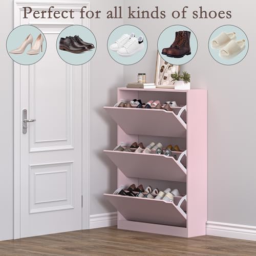 BORNOON Shoe Cabinet with 3 Flip Drawers, Hidden Wood Shoe Cabinet,Freestanding Shoe Storage Cabinet for Entryway Hallway.White. 47.2" H*31.5" W*9.45" D (Pink) - color: Pink, size: 3 Drawers