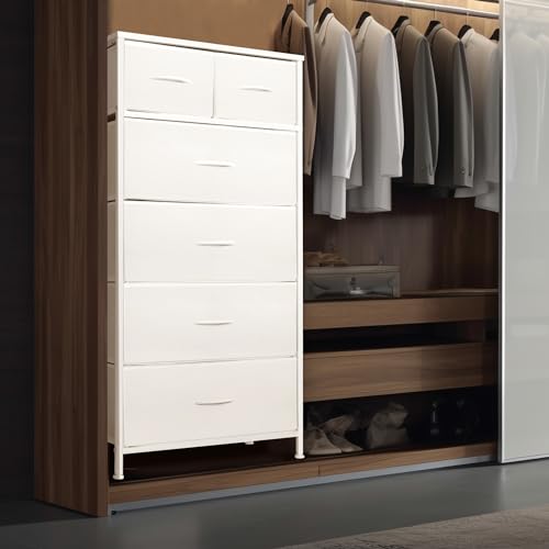 Mifuro Tall Dresser for Bedroom, Vertical Storage Organizer Tower with 6 Drawers, Chest of Drawers with Fabric Bins, Steel Frame, Wood Top for Bedroom, Closet, Entryway- White - color: White, size: 6 Drawers