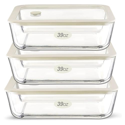 Urban Green Glass Food Container Set with Glass Lid, 3 Pack, Food Storage Containers Set, Airtight, LeakProof, 100% Plastic Free, Meal Prep Containers (White Color) - color: White Sand-SQ-3p