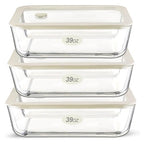 Urban Green Glass Food Container Set with Glass Lid, 3 Pack, Food Storage Containers Set, Airtight, LeakProof, 100% Plastic Free, Meal Prep Containers (White Color) - color: White Sand-SQ-3p