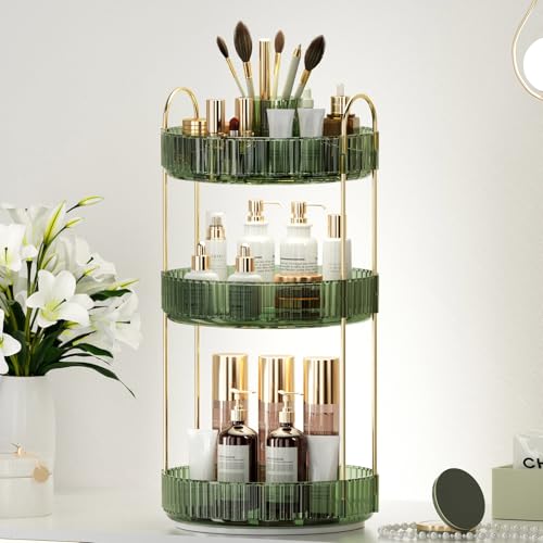 360° Rotating Makeup Organizer, Upgraded 3 Tier Skincare Perfume Organizers for Women, Bathroom Organizer Countertop, Clear Cosmetic Dresser Organizer with Makeup Brush Holder, Sink&Counter (Green) - color: Green, size: 3 Tier