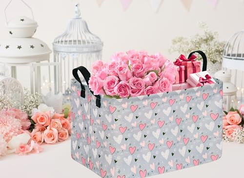 Rec Heart Print Box Hamper Storage Basket Collapsible Organizer Bin Gift Shelf Baskets for Home and Kitchen Storage - color: White grid love