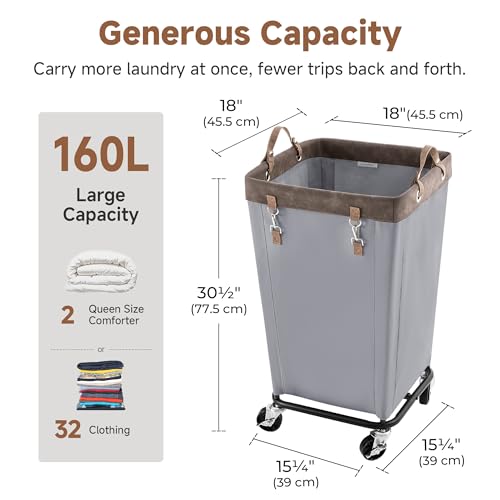StorageWorks 160L Laundry Basket with Wheels, Large Rolling Hampers for Clothing Organizer, Dirty Clothes Basket for Hotel, Home, Closet, Dorm, Light Grey - color: Light Grey, size: 160L