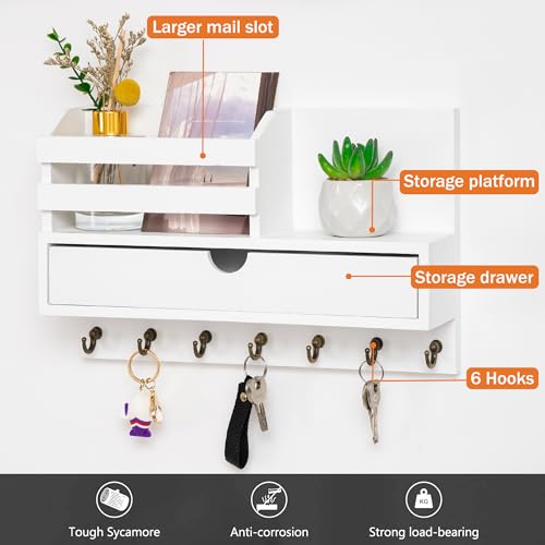 dreampossible Key and Mail Holder for Wall, Mail Organizer Wall Mount with 6 Hooks and Storage Drawer, Wooden Key Rack Hanger with Shelf for Entryway and Home Decor - color: White, size: Large(13.4''x8.7'')