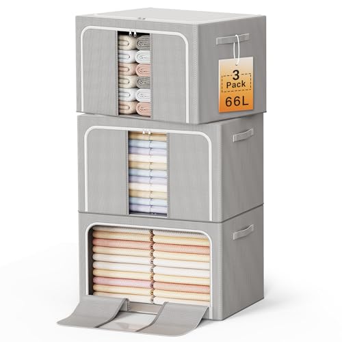 Clothes Storage Bins with Metal Frame Foldable Storage Box Clothes Organizers Storage Containers for Clothes Sheets Blankets Books Toys Gifts and Holiday Decorations (66Lx3 Pack) - color: Light gray, size: 66L（19.7“X15.7"X13"）