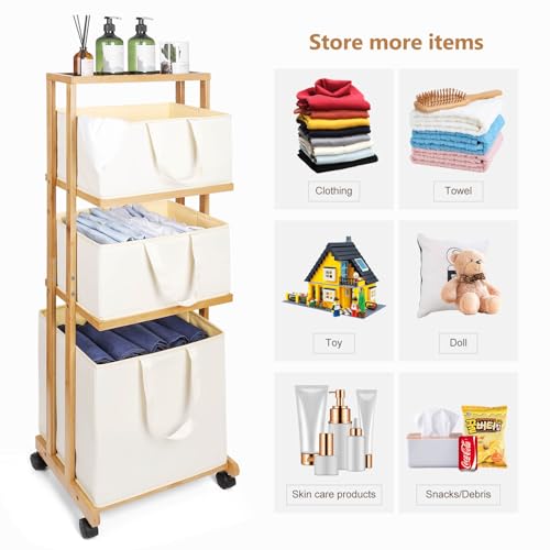 Homde Laundry Basket 3 Tier Bamboo Storage Shelf with Wheels Removable Container with Handle Freestanding Clothes Hamper Organizer for Bathroom Living Room Bedroom (Natural) - color: Natural