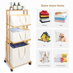 Homde Laundry Basket 3 Tier Bamboo Storage Shelf with Wheels Removable Container with Handle Freestanding Clothes Hamper Organizer for Bathroom Living Room Bedroom (Natural) - color: Natural