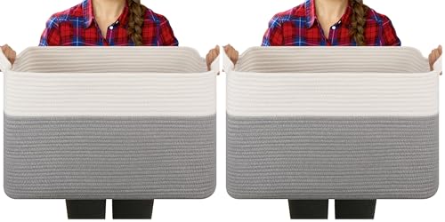 OIASKET Blanket Basket for Living Room, Cotton Rope Basket for Storage, Toy Baskets Bin for kids, Woven Baskets with Handles for Clothes, Towels, Pillows, 20" x 16" x 12", Grey and White (Pack of 2) - color: Grey & White, size: 19.7"x15.8"x11.8" (Pack of
